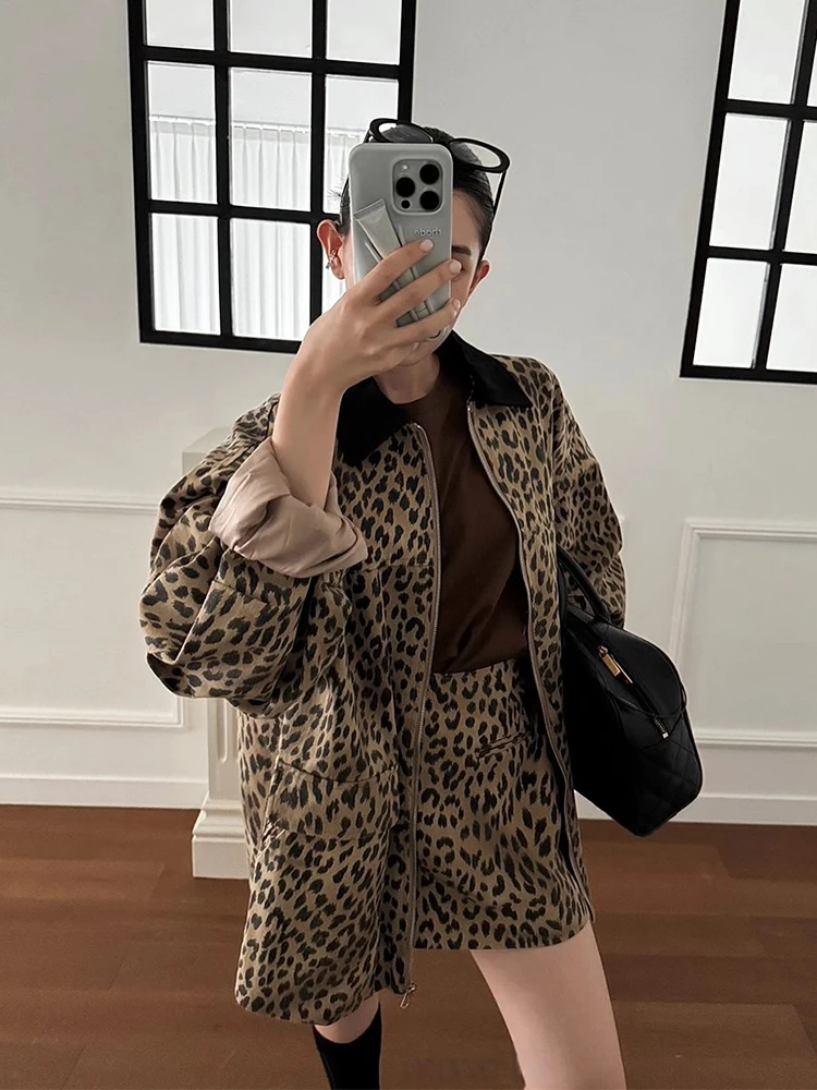 Retro Style Long Sleeve Leopard Print Coat High Waist  Skirt Set Women's Fashion Autumn Collection Chic Vintage Look