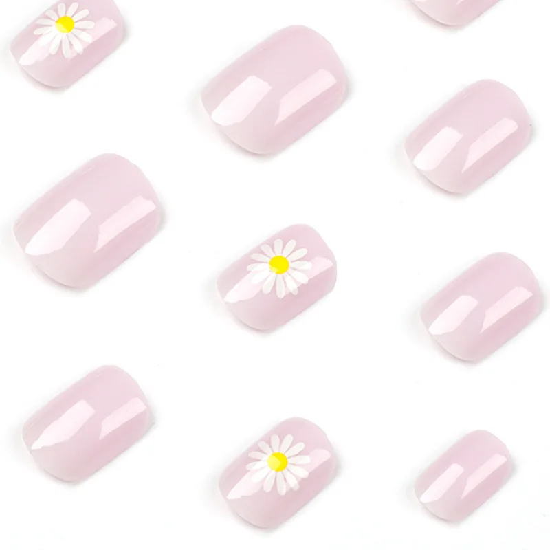 24 sztuk jasnopurpurowy poręczny Nail Art śliczne białe Daisy odpinany fałszywe paznokcie Mini krótkie sztuczne paznokcie naciśnij na paznokcie z zestawem kleju