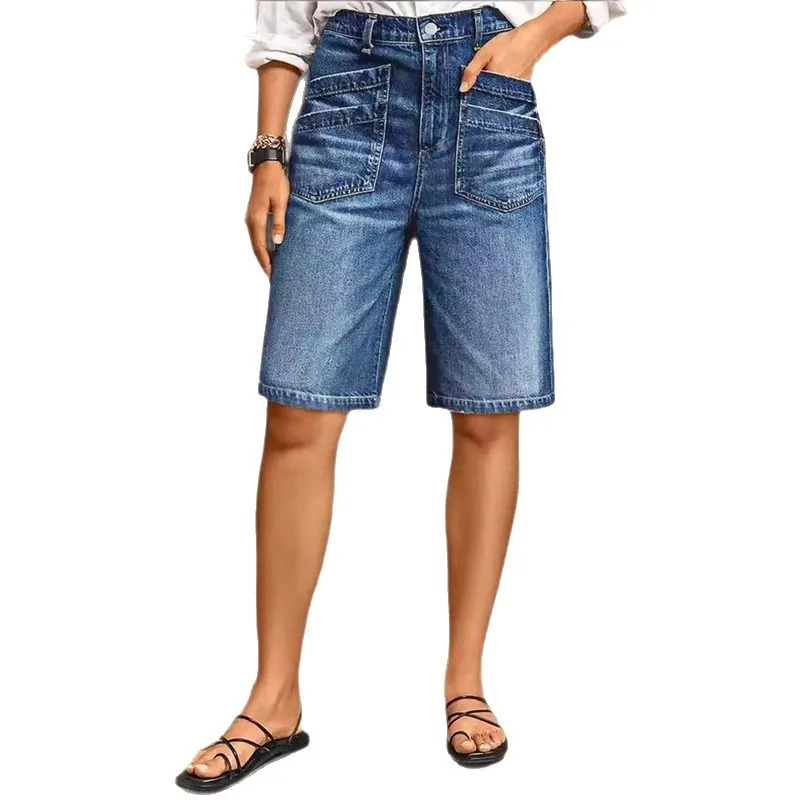 

Casual Women Blue Denim Shorts Women's Distressed Jeans Shorts Mid Rise Knee Length Denim Capris Button Front Jean Shorts