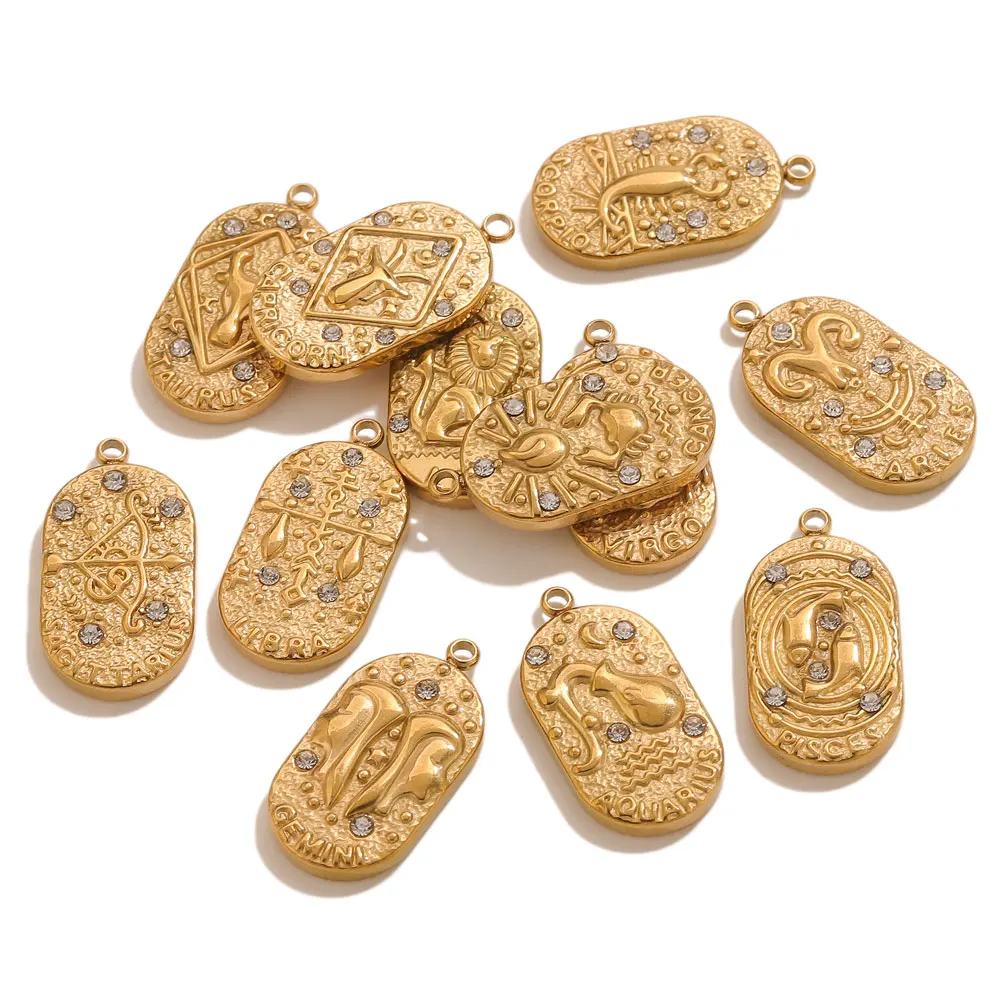 3pcs The Twelve Zodiac Signs Charm Stainless Steel Zircon Leo Taurus Charms Pendant Gold Plated Neckalce Jewelry Making Material