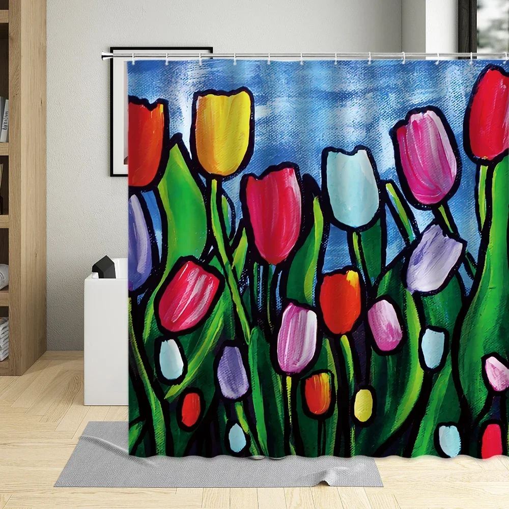 Tulip Landscape Flowers 3D Printing Waterproof Bathroom Shower Curtain Polyester Cloth With 12 Hooks Bathtub Curtains Home Decor image 2