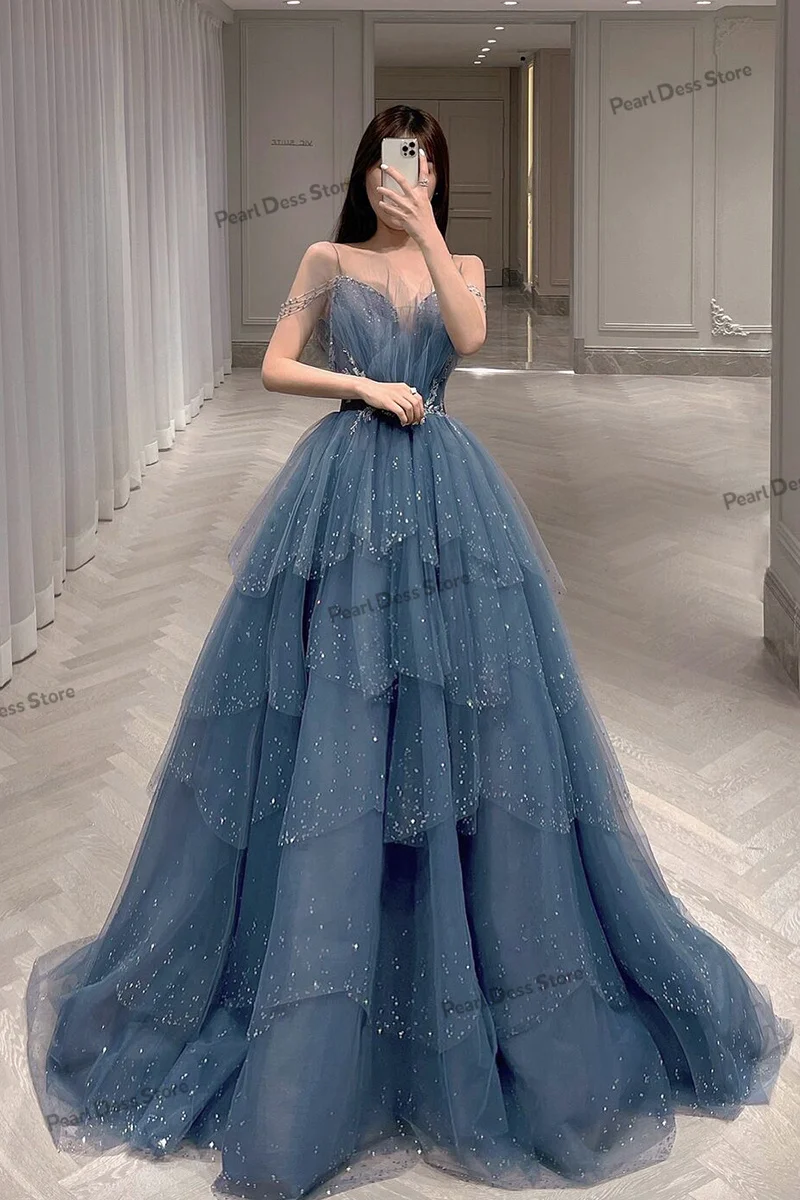 Pearl Evening Dresses Woman Elegant Dress Woman 2024 Blue Beads Elegant Party Dresses for Women Luxury Shiny Layered Gauze Prom