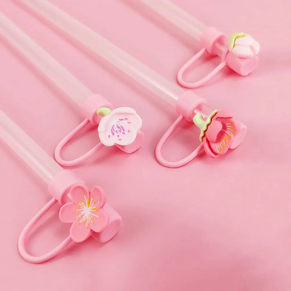 

8pcs Cherry Blossom Peach Blossom Straw Covers Silicone Decorative Drinking Straw Toppers 10mm Reusable Dust Plug for Travel