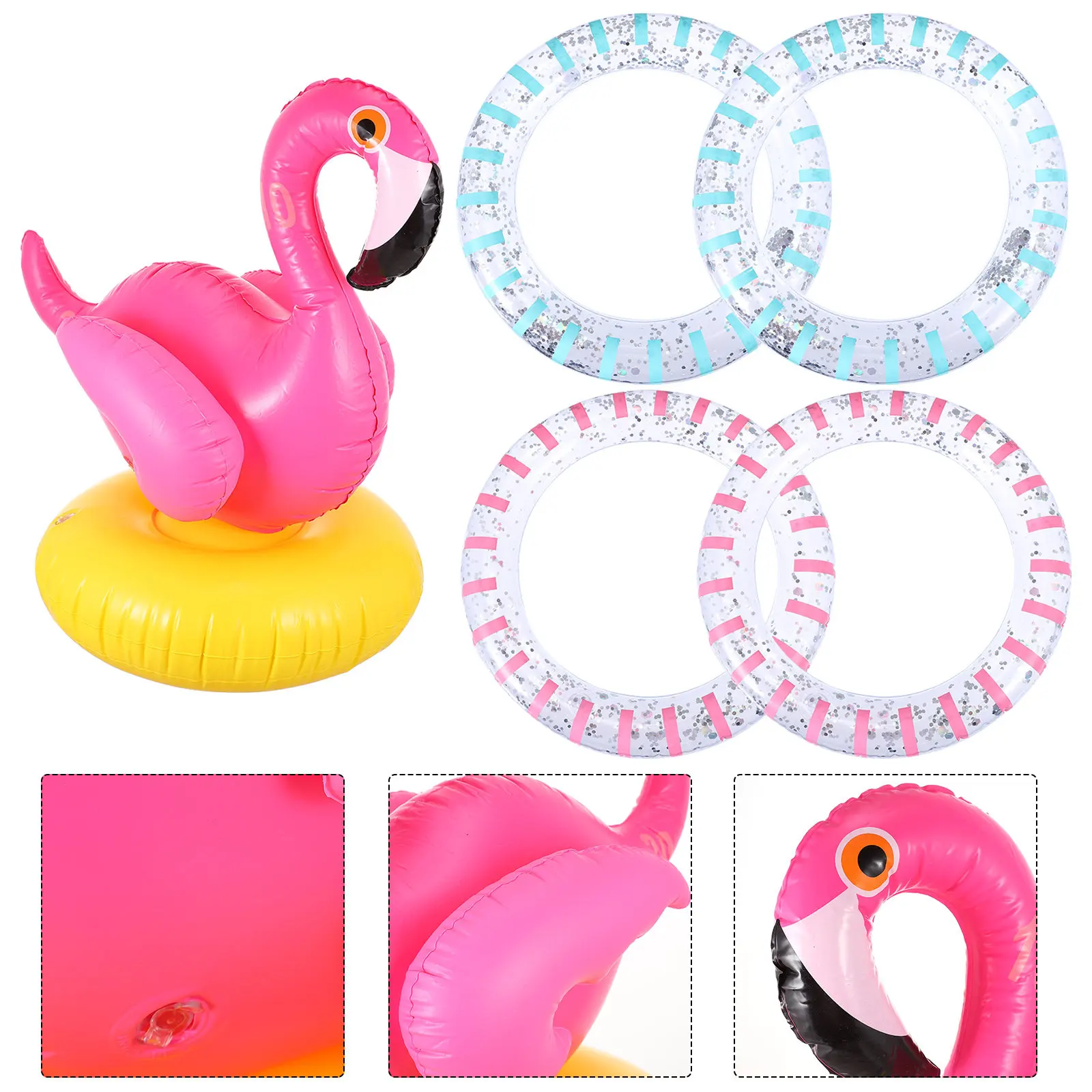1 juego de aros inflables con forma de flamenco, fáciles de inflar, portátiles, ideales para juegos de piscina y fiestas de verano, para jugar en la playa.
