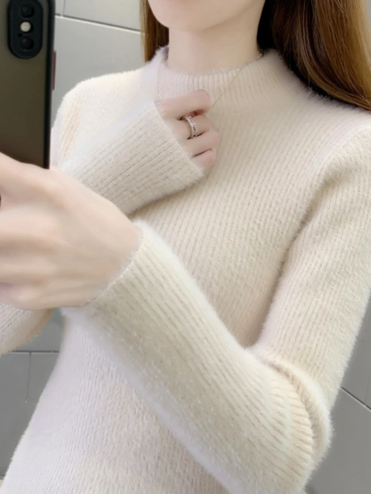 

Women's Pure Color f High Collar Knitted Sweater Mink Velvet Inner Wear Base irt Autumn Winter New Sle Warmth Sweater