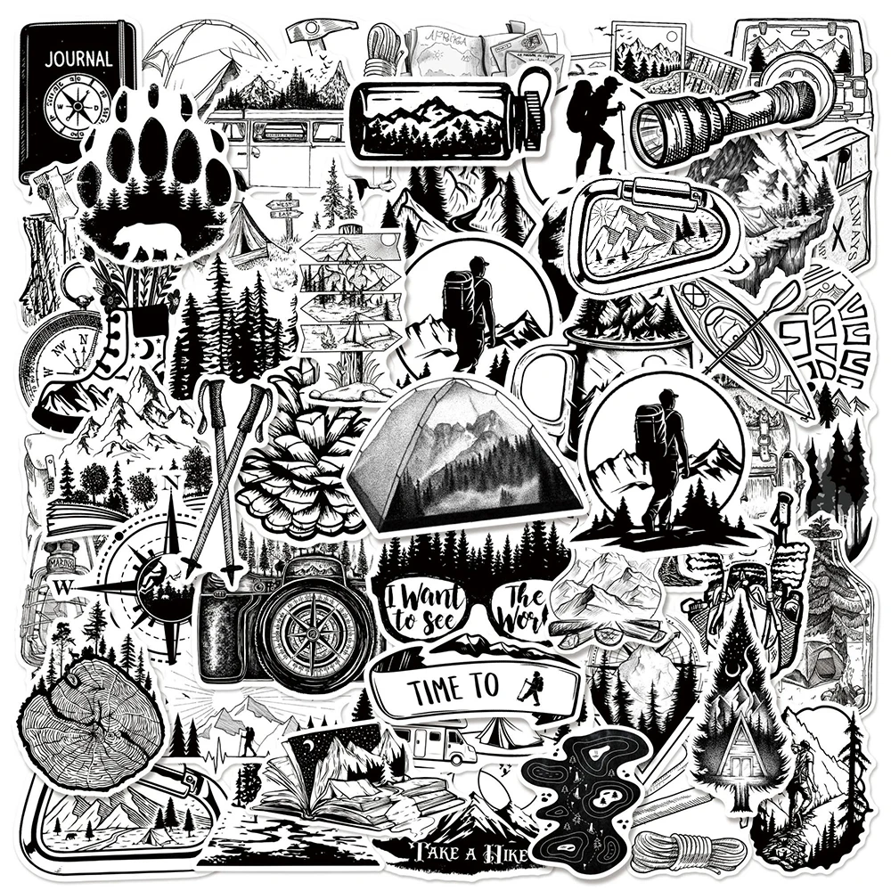 

10/30/50pcs Black White Outdoor Adventure Cartoon Stickers Hiking Climbing Sticker DIY Suitcase Phone Guitar Cool PVC Decals Toy