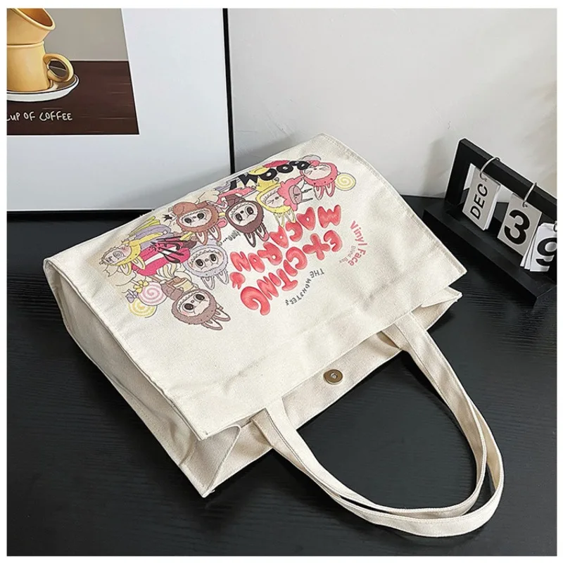 Labubu Canvas Handbag Toy Printed Letters Shoulder Bag Women's Large Capacity Commuting Daily Monster Handbag Fashion Gift