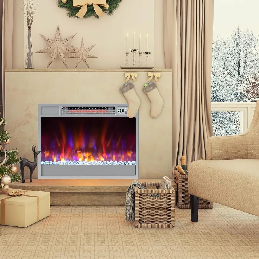 Electric Fireplace Inserts 23-inch Wide 1500W Recessed Fireplace Insert w/Remote Control 6 Flame Colors 5 Brightness 8H Timer O