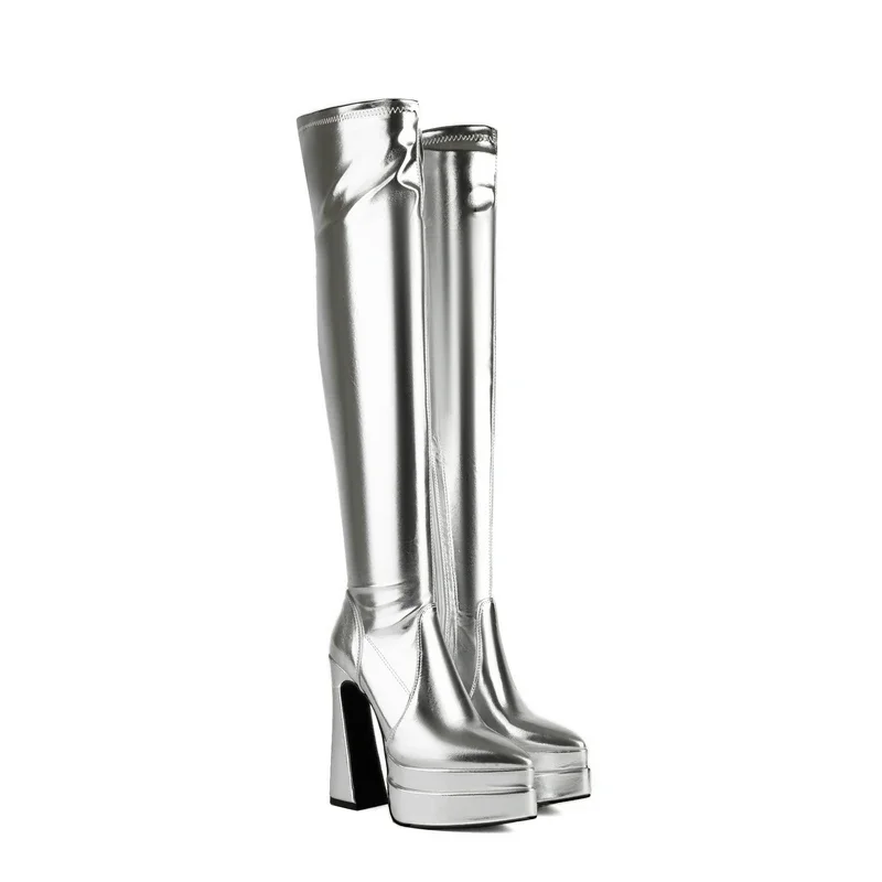 

Over The Knee Boots Shiny Golden Silver Pointed Toe Sexy Gold Silver Thick High Heels Women Stretch Platform Thigh High Boots