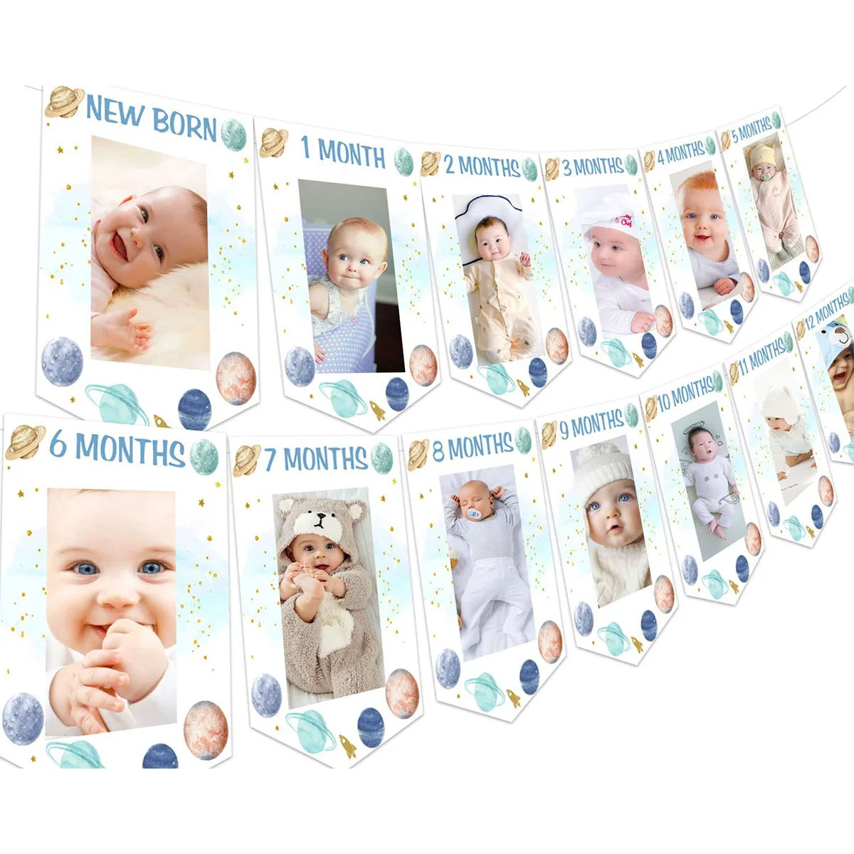 Funmemoir Outer Space Theme 1st Birthday Photo Banner First Trip Around The Sun Birthday Decoration for Newborn To 12 Months Boy