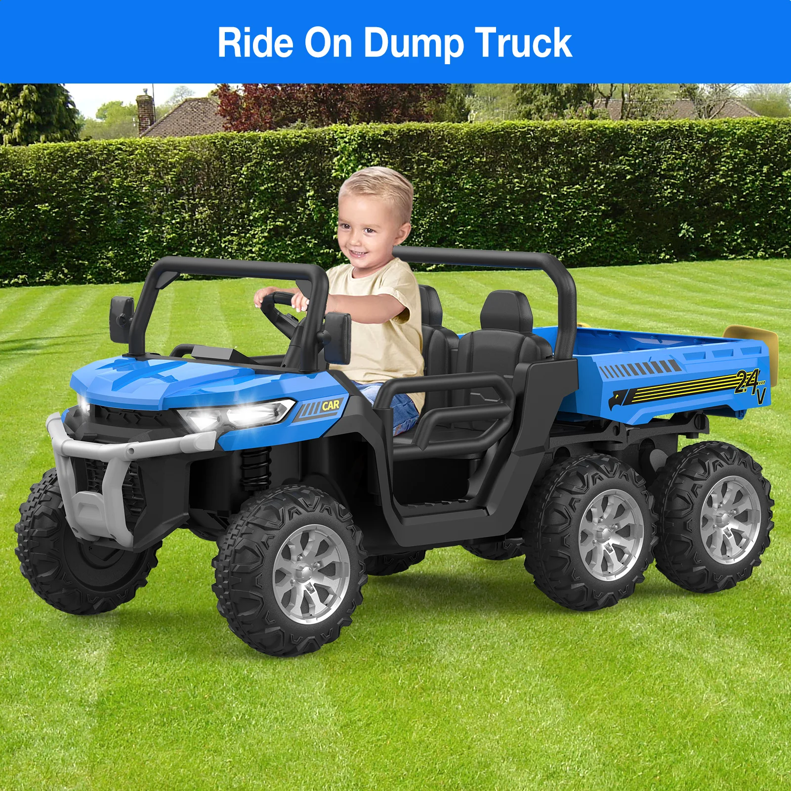 24V Kids Ride On Dump Truck 4WD 2 Seater Ride On Truck with Dump Bed/Tailgate/Shovel 6-Wheels Ride on Truck with Remote Control