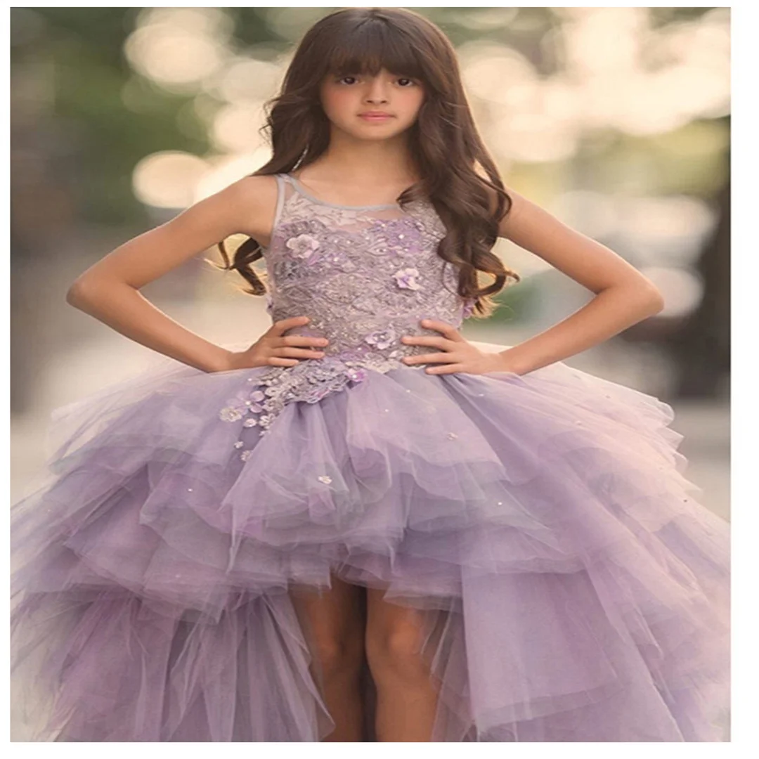 تخصيص الاطفال الطفل مع قطار الأطفال تظهر زهرة فتاة فستان أداء زي مهرجان ثوب طويل الذيل تول العباءات الوردي