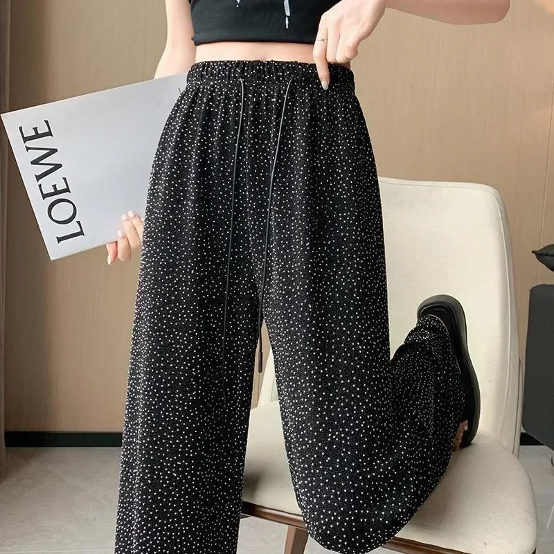 Women Straight Wide Leg High Waist Sparkling Pants Loose Casual Elastic Waist Pants Saggy Fashion Long Trousers Female Clothing