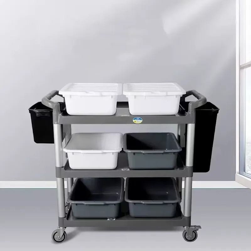Heavy Duty 3 Tier Utility Cart with Locking Wheels Adjustable Handle 150lb Capacity Rolling Service Trolley for Hotel Kitchen