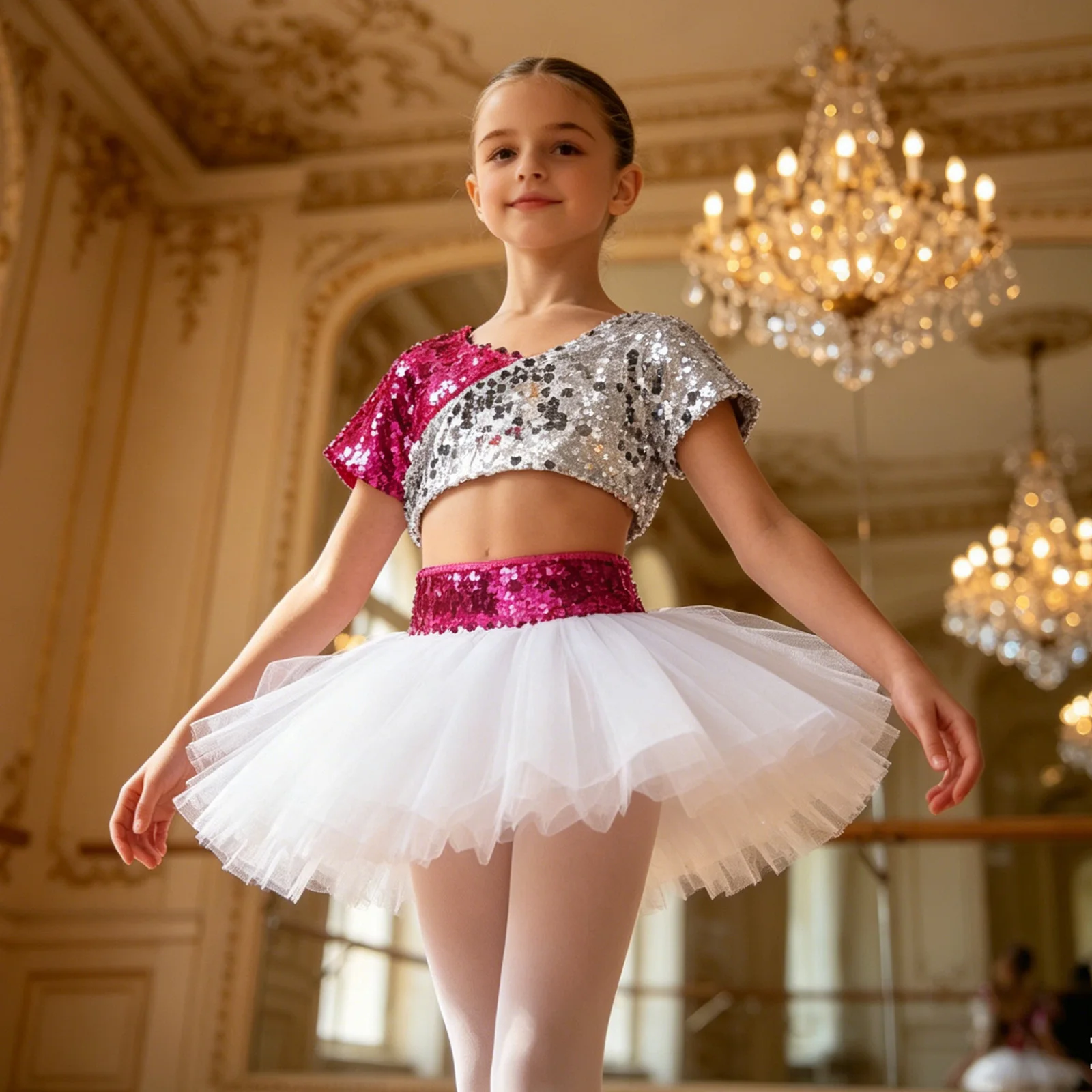 

Kids Girls Ballet Dance Sets Short Sleeve Crop Top with Tulle Tutu Skirt and Headwear Suit for Christmas Holiday Show Costume