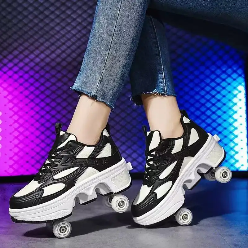 

Deformation Roller Skates Shoes Double Row 4-Wheel with Wheels Dual-Purpose Roller Sneakers Skateboard Casual Sneakers