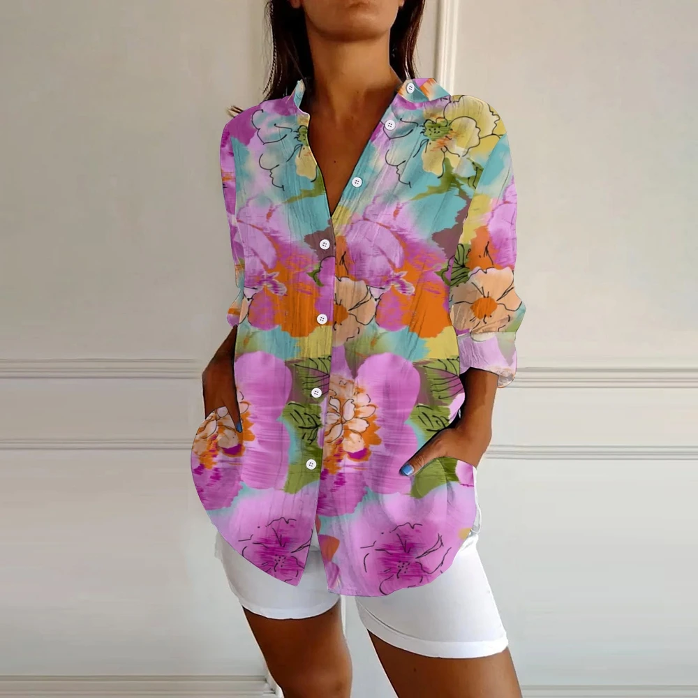 Bohemia Artistic Floral Printed Lapel Button-Down Shirt Vibrant Colorful Charm Linen Set Top Flowers Aesthetic Woman Chic Outfit