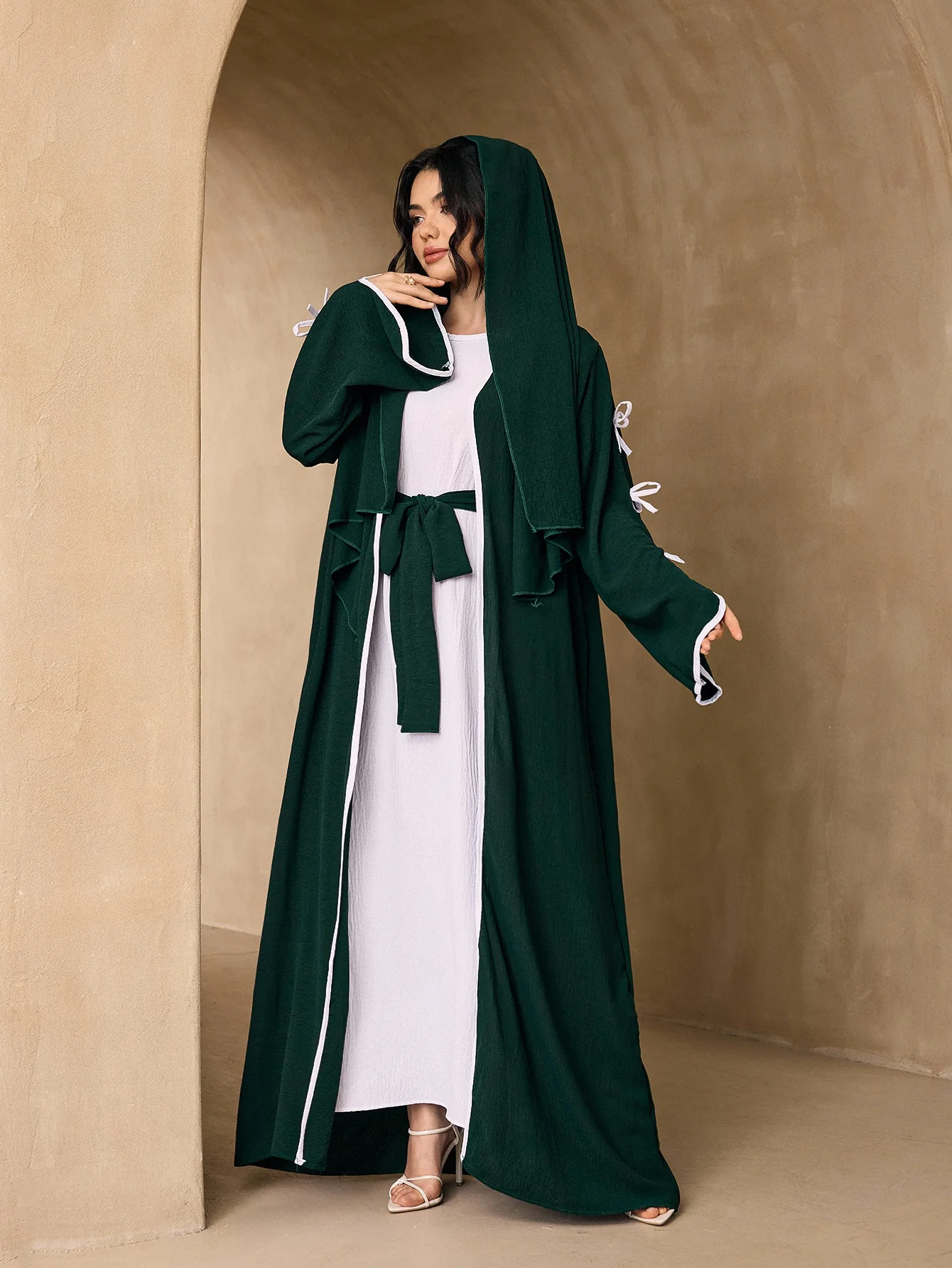 Bow Sleeve Trim Open Abaya 3 Piece Set With Hijab Belt Inner Dress, Crepe Modest Outfit For Muslim Women Eid Daily Party Wear