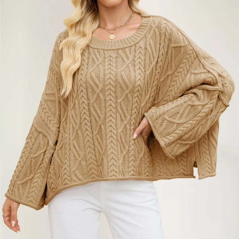 

Round Neck Short Length Fried Dough Twists Loose Pure Color Knitted Shirt Suitable for Commuting and Elegant Demeanor