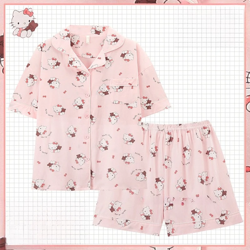 

Hello Kitty Pajamas New Women Summer Style Cartoon Sweet Pure Cotton Short Sleeved Shorts Set Student Home Clothing Wholesale