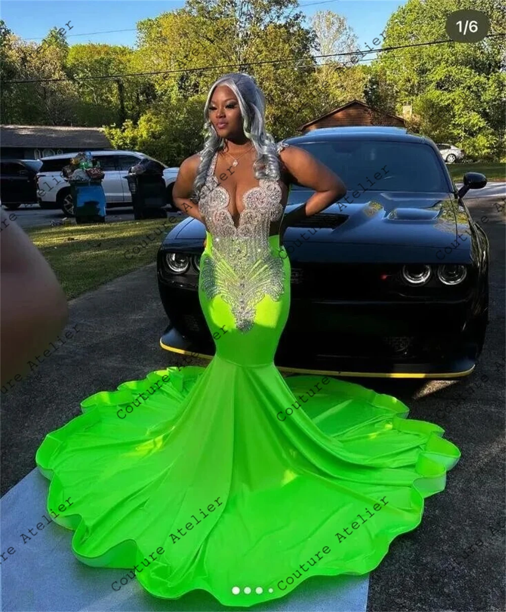 Fluorescent Green Prom Dresses Silver Rhinestones Mermaid Elegant Dress For Wedding Party Beaded O Neck Formal Gowns Backless