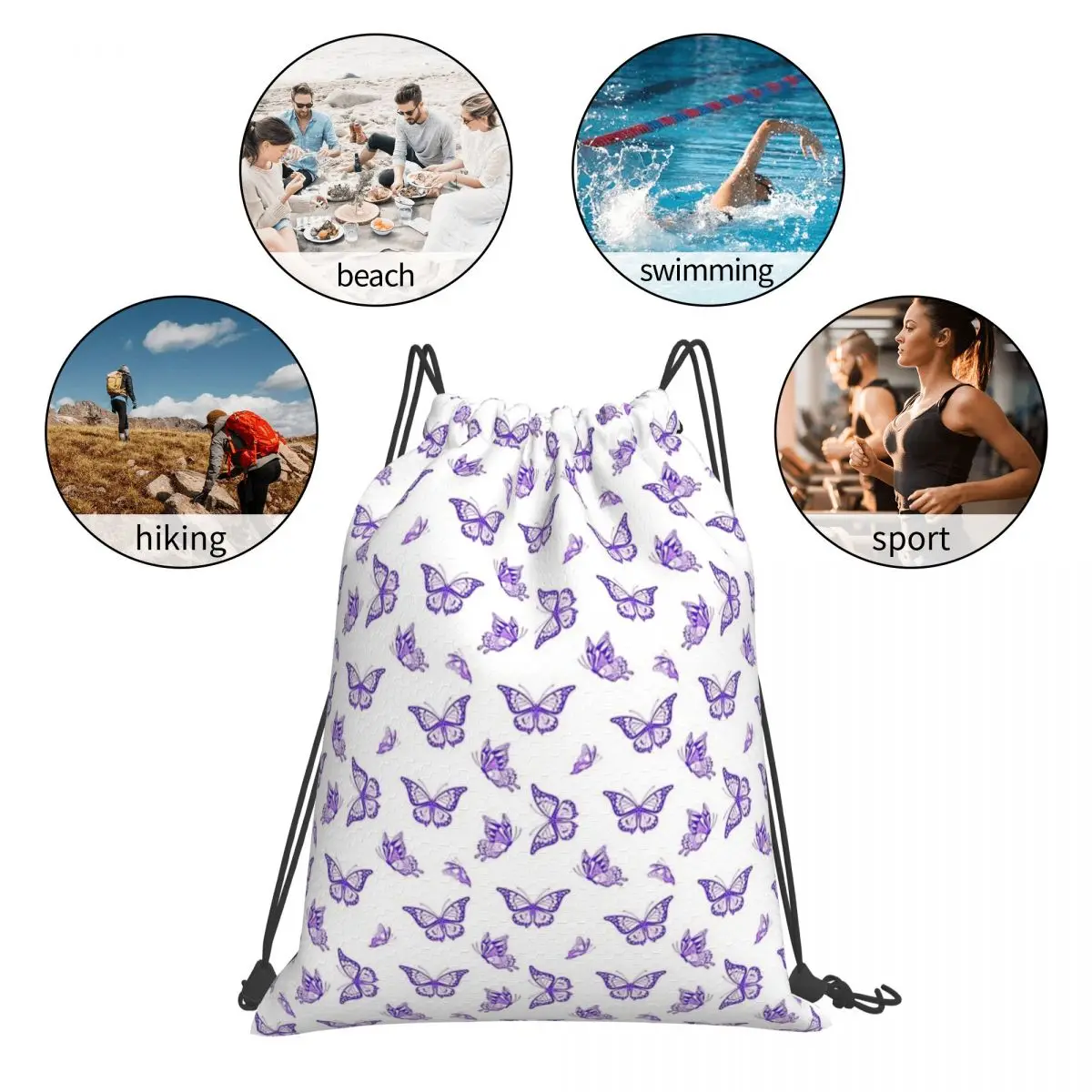 The Purple Butterfly Print Backpacks Casual Drawstring Bags Drawstring Bundle Pocket Sports Bag Book Bags For Man Woman Students