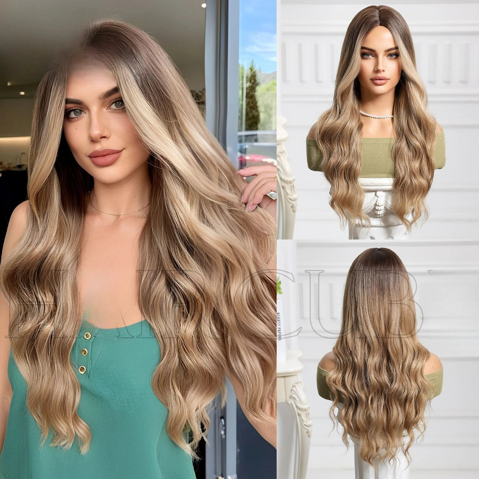 

New wig medium long curly hair big wave chemical fiber headgear European and American gradual change highlight dyeing wigs headg
