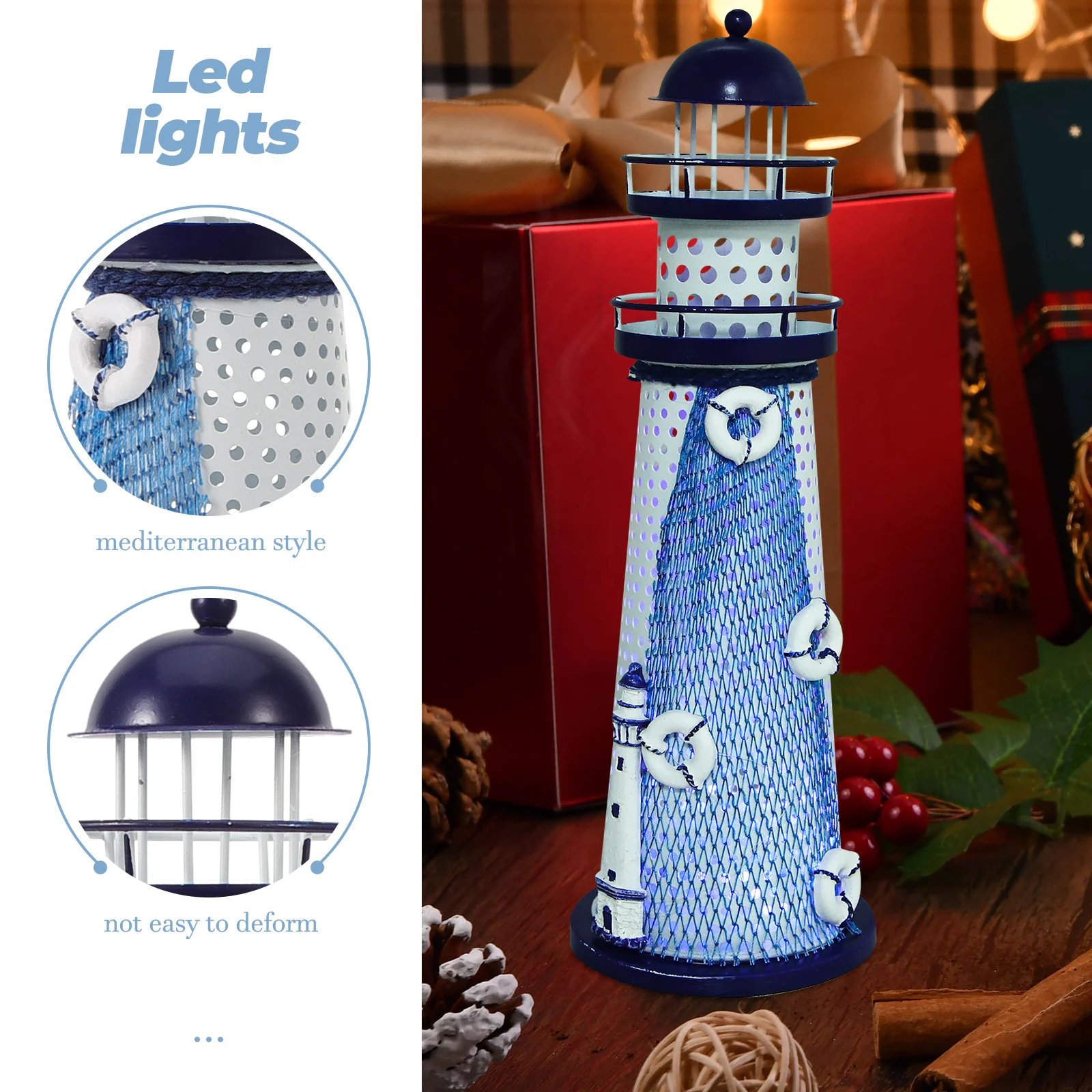 Ocean Lighthouse Candlestick Lantern Lights Display Adorn Tabletop Decor LED Lamp Decorative Night