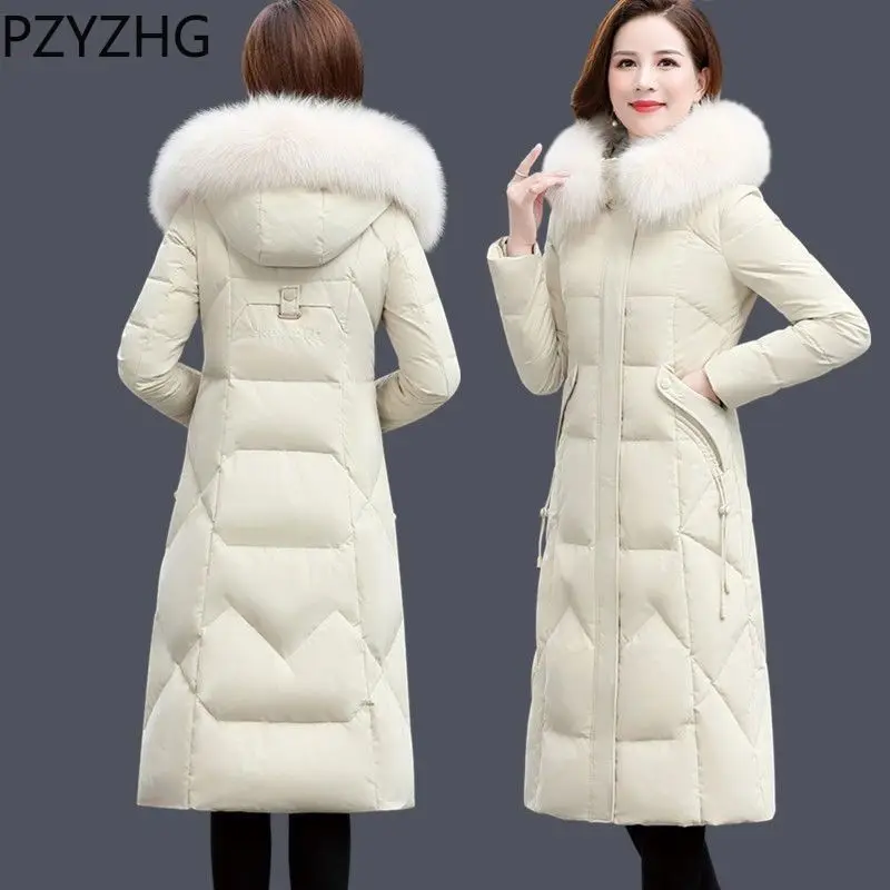 

2023 Down Women Winter Hooded Outwear Mid length Solid Color Casual with Fur Collar Solid coat Slim Fit Thick Padded Overcoat