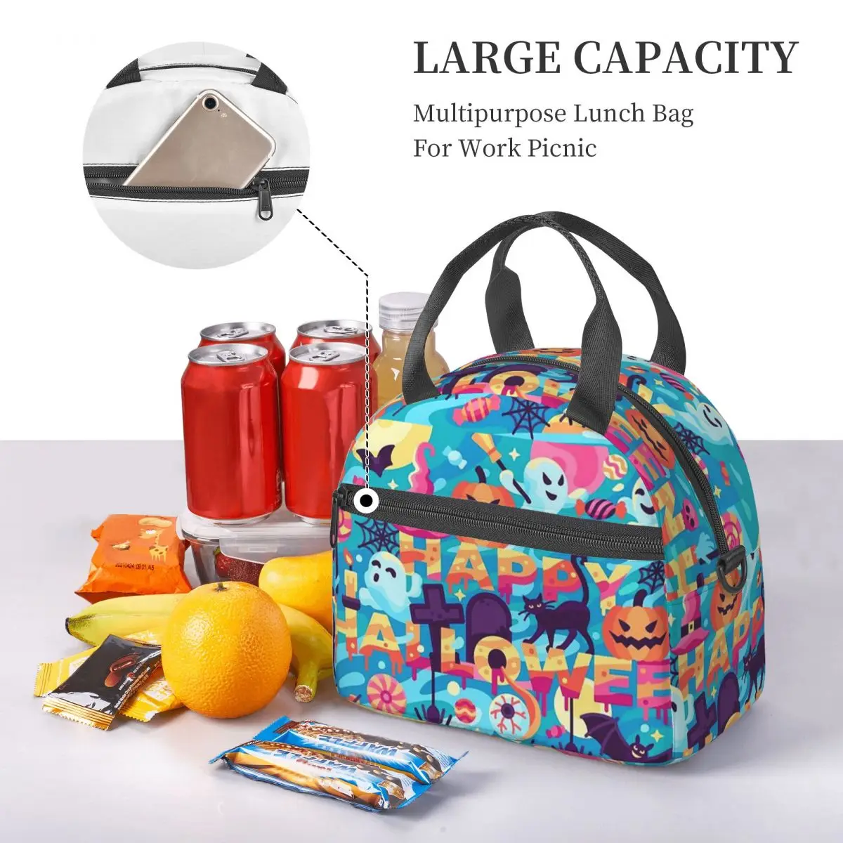 Ghost Pumpkin Halloween Lunch Bags Insulated Bento Box Portable Lunch Tote Picnic Bags Cooler Bag for Woman Travel