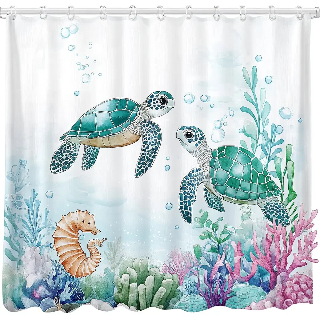 Underwater World Dolphin Turtle Shower Curtain,Ocean Animals Polyester Fabric Bathroom Curtains for Home Decoration Curtain