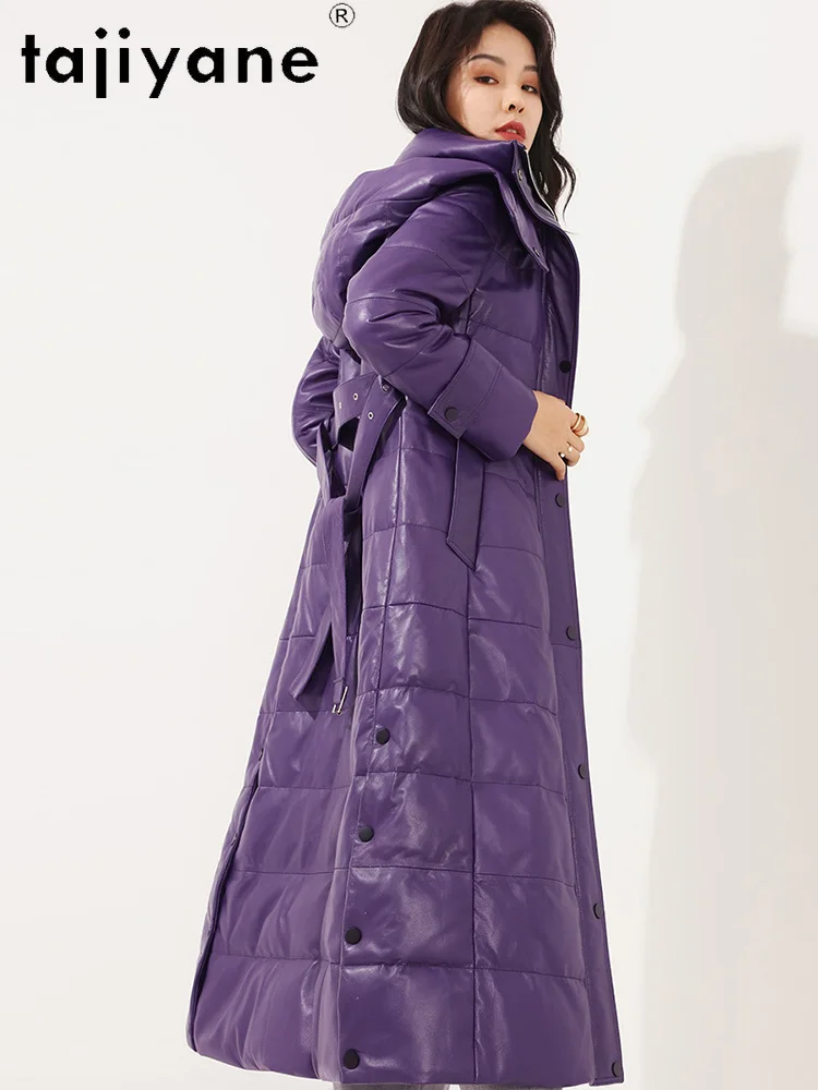 TAJIYANE 100% Prawdziwa Skóra Owcza Płaszcz Puchowy Damski Skórzana Długa Kurtka Puchowa z Kapturem Nowość na Zimę 2025 Odzież Damska