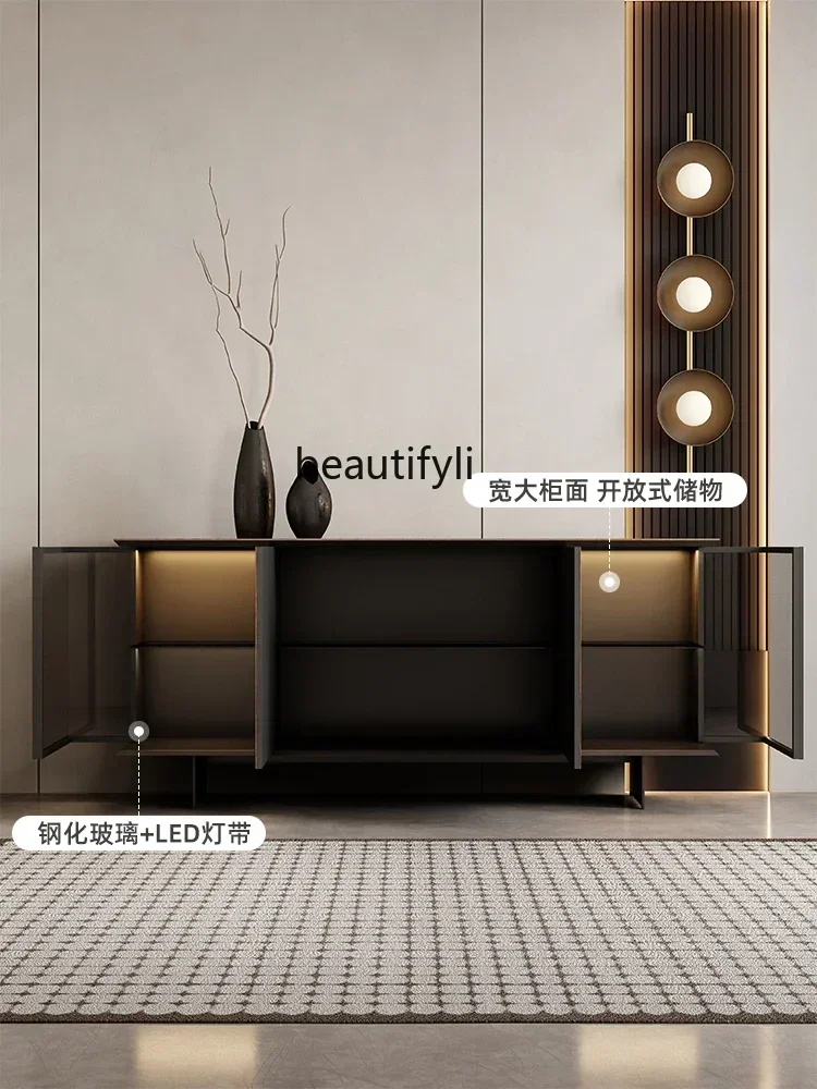 

Italian solid wood entrance walnut dining side wine cabinet living room glass storage display cabinet