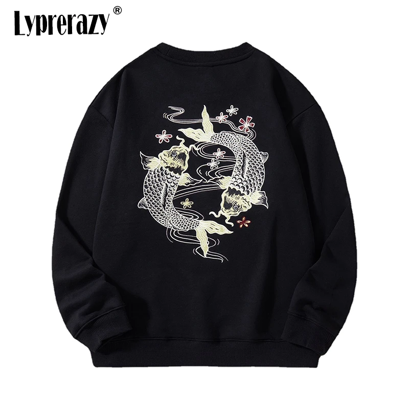 

Lyprerazy Chinese Style Koi Fish Embroidery Hoodies National Tide Embroidery Casual Round Neck Couple Pullovers