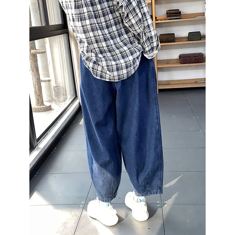 2023 neue Frühling Herbst Frauen elastische Taille lose lässige Baumwolle Denim knöchel lange Hose Vintage blau weites Bein Jeans p286