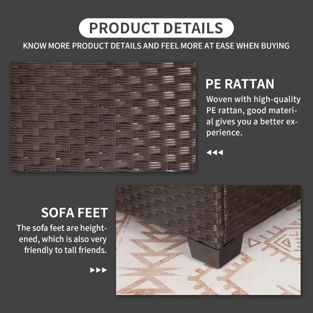 โต๊ะกาแฟหวายสำหรับลานบ้าน เฟอร์นิเจอร์หวายสำหรับสวนกลางแจ้ง โต๊ะข้างทรงสี่เหลี่ยมพร้อมท็อปกระจกนิรภัย สีน้ำตาล