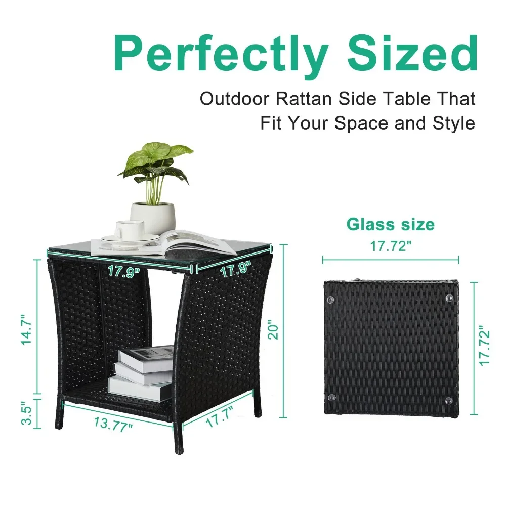 

Black Outdoor Patio Wicker Square End Table Bistro Coffee Table with Glass Top Storage Shelf Porch Garden Back Yard