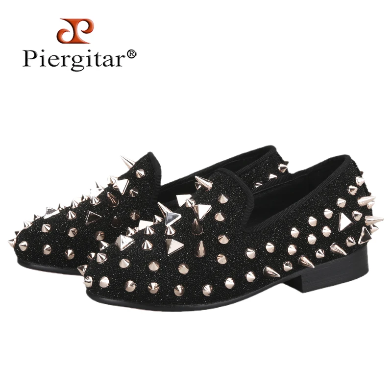 Piergitar Black/Gold Suede With Rose Gold Rivets Children Loafers For Birthday Red Color Sole Slip-On Toddler And Big Kid Flats