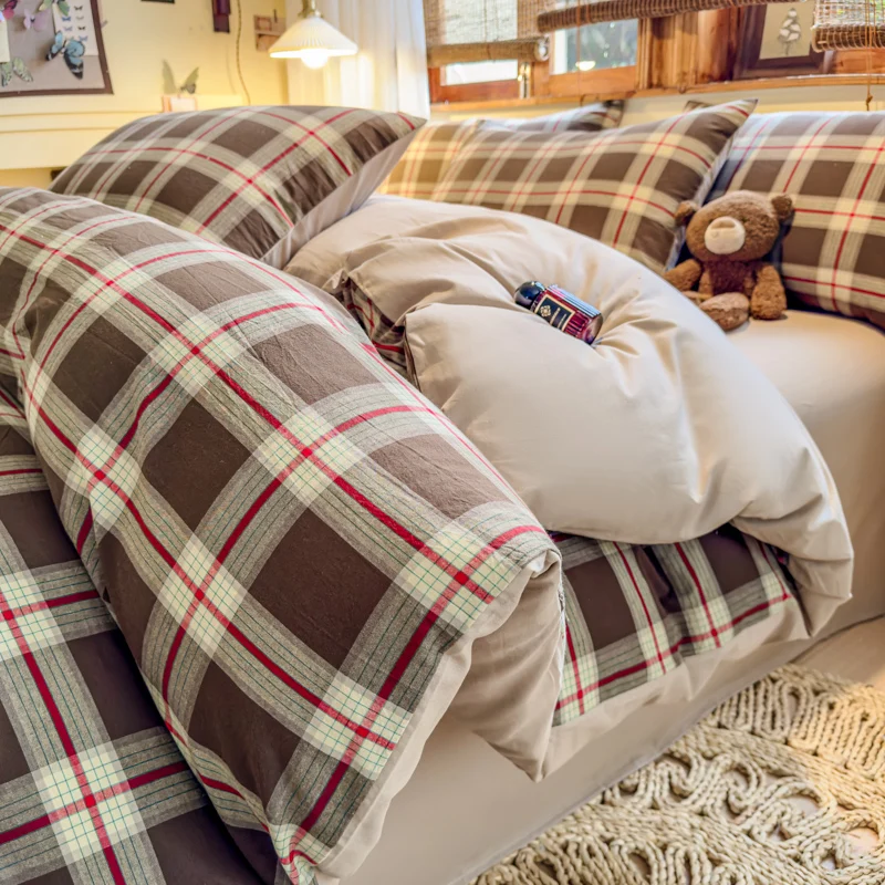 

2026 New Soft and Skin-friendly All-cotton Duvet Cover Skin-friendly Breathable Checkered Quilt Cover with Pillowcase