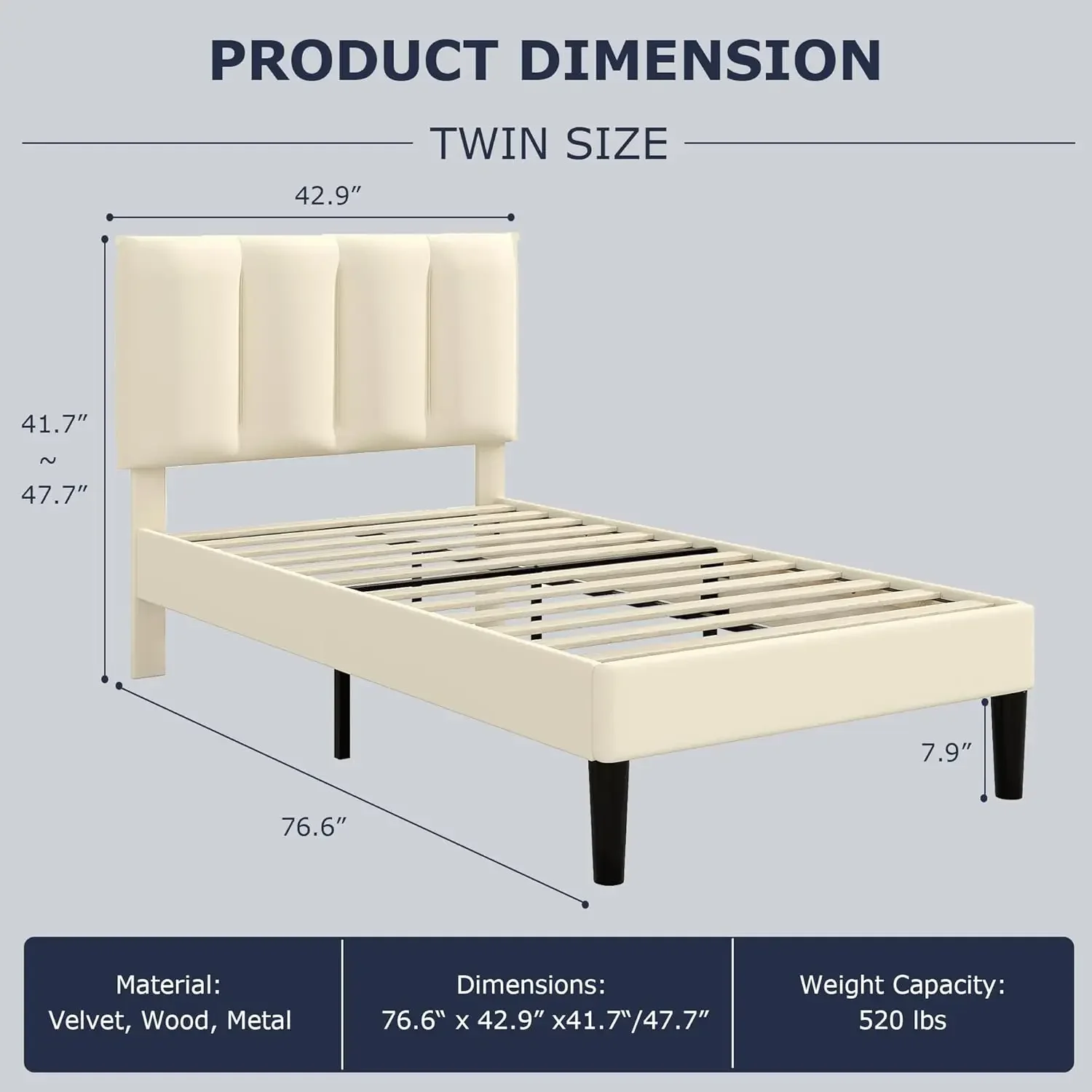 Upholstered Headboard, Heavy-Duty Platform Bedframe with Strong Wooden Slats Support, No Boxing Spring Needed, Pale Beige