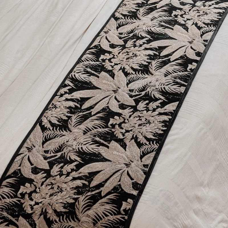 Luxury Black Golden Botanical Leaves Jacquard Bed Runner Elegant Textured Bed End Cover Premium Bed Scarf for Bedroom Home Decor view 5