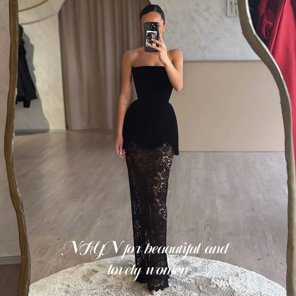 

NFYN Black Formal Gown Strapless Prom Dresses Sleeveless Evening Dress with Lace Christmas Dress Velvet Modern Style Customized