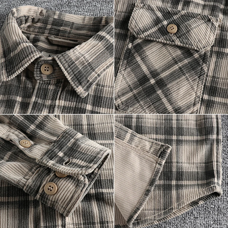 Plaid Woven Corduroy Men Shirts 100% Cotton Spring Autumn Heavy Washed Workwear Blouses Retro Amekaji Western Style Casual Tops