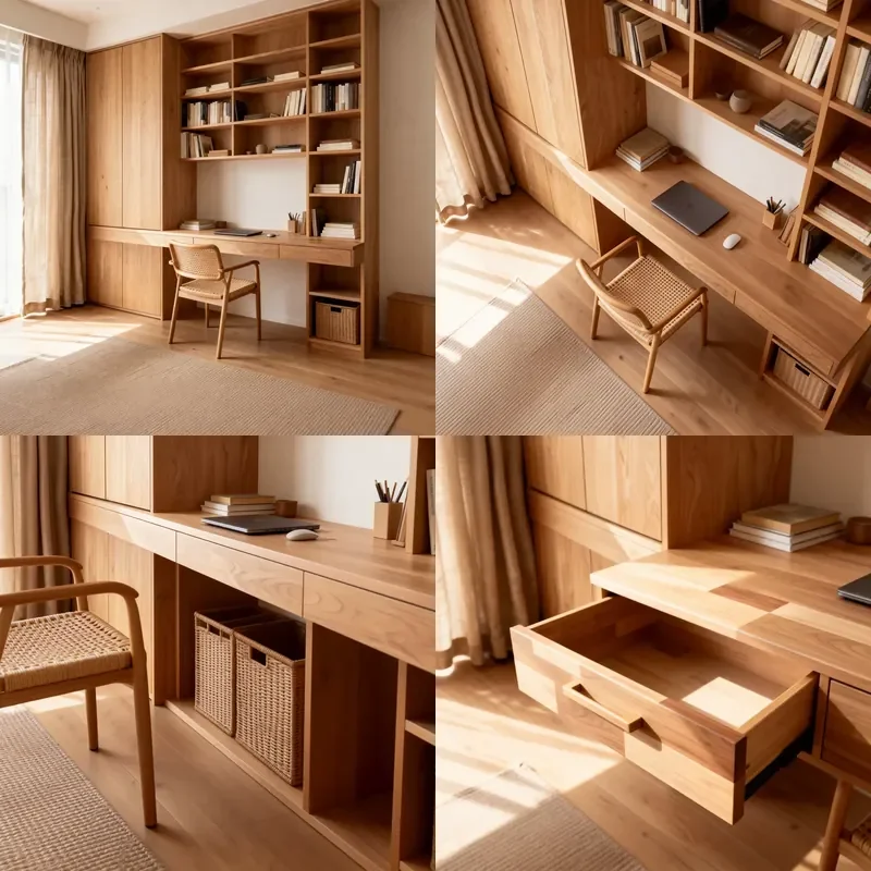 Premium Modern Light Wood Grain Built-in Bookcase Bookshelf Open Compartments Desk Attached Storage Basket Living Room Wall