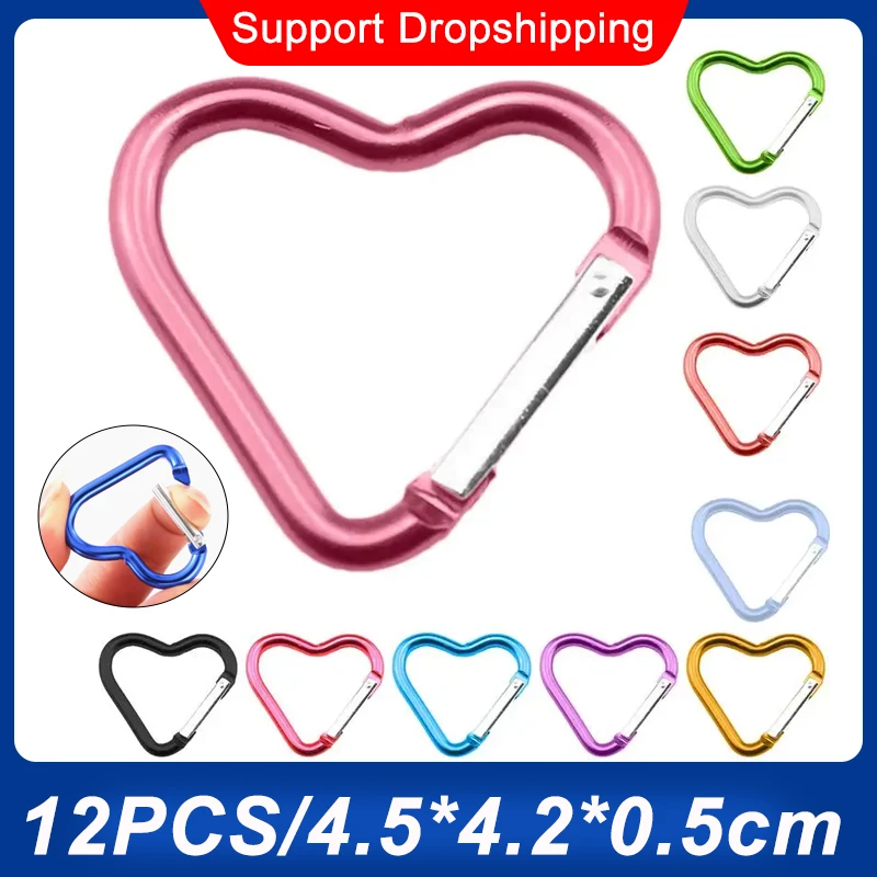 Em forma de coração Carabiners Keychain, liga de alumínio, gancho fivela, clipe para mochilas, caminhadas, escalada, acessórios de sobrevivência, 12pcs