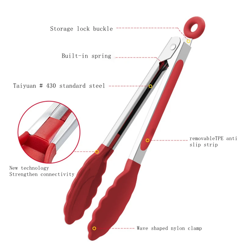 سيليكون المطبخ ملقط شواء الفولاذ المقاوم للصدأ قفل ملقط الطبخ مع نصائح السيليكون ملقط طعام غير قابل للانزلاق للطهي