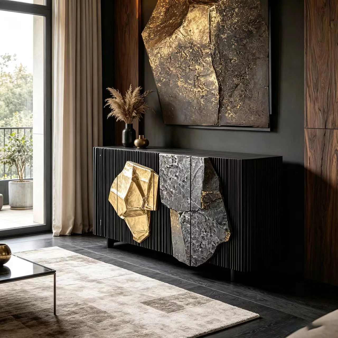 M*-4 Door Black Fluted Fiberglass Storage Cabinet Irregular Rock Gold Block 3D Sculpt Panel