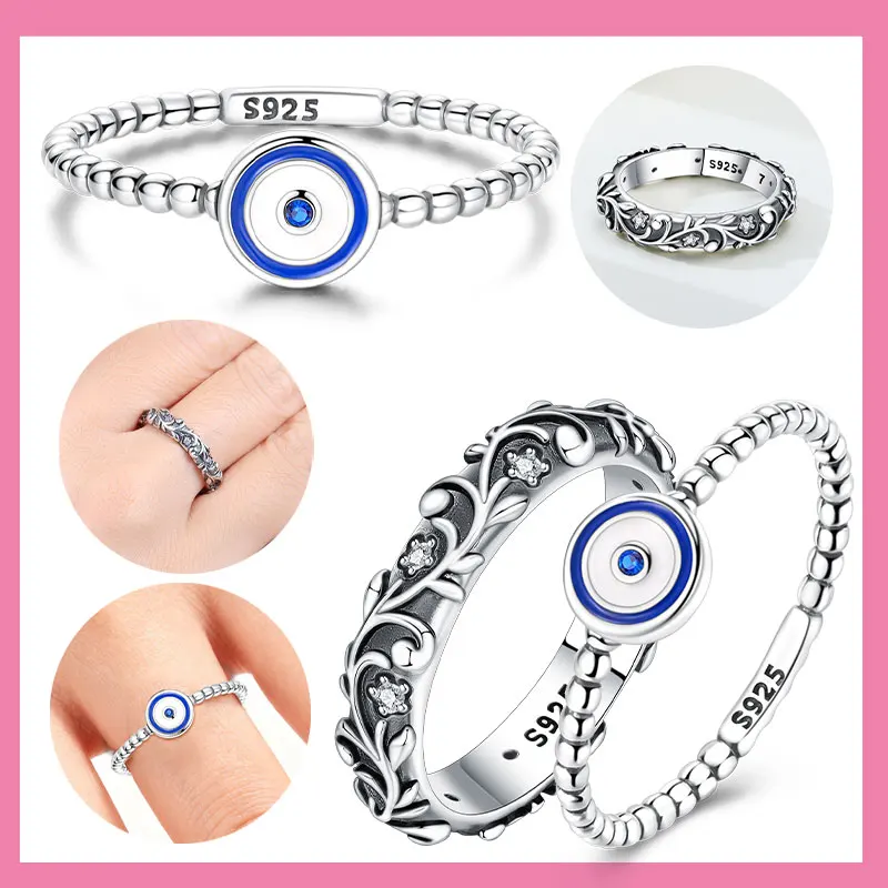 

925 Sterling Silver Retro Pattern Blue Eyes Ring Women's Anniversary Gift Engagement Rings for Women Mens Jewelry