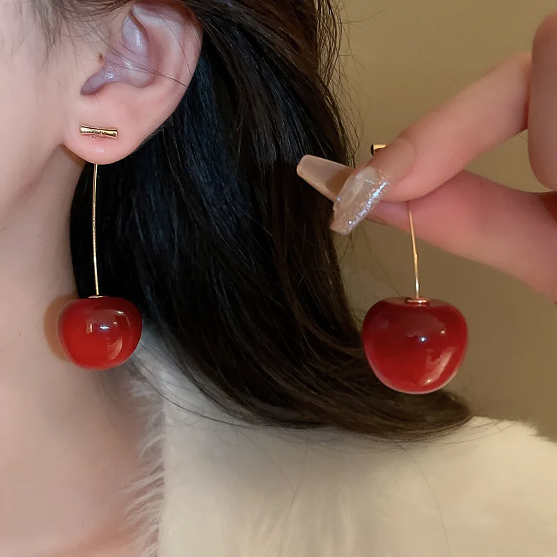Sweet Red Resin Cherry Drop Earrings for Women Trendy 3D Fruits Dangle Earrings Daily Party Vacation Fashion Jewelry M1