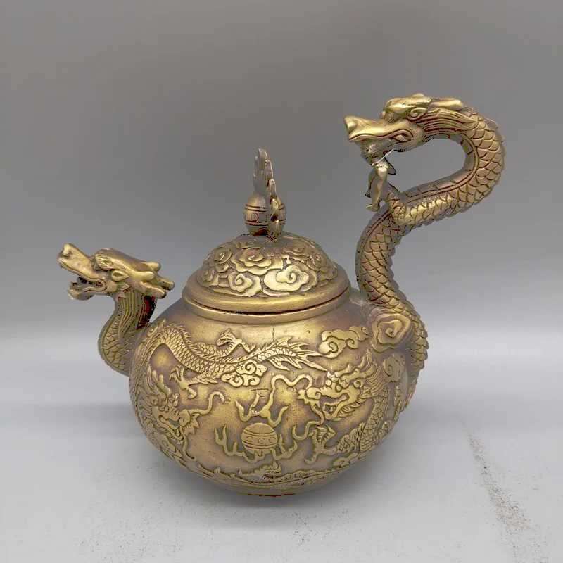 

China Exquisite Brass Archaize Double Carving Dragon Play Bead Teapot Crafts Statue Iiving Room Decoration Home Gift